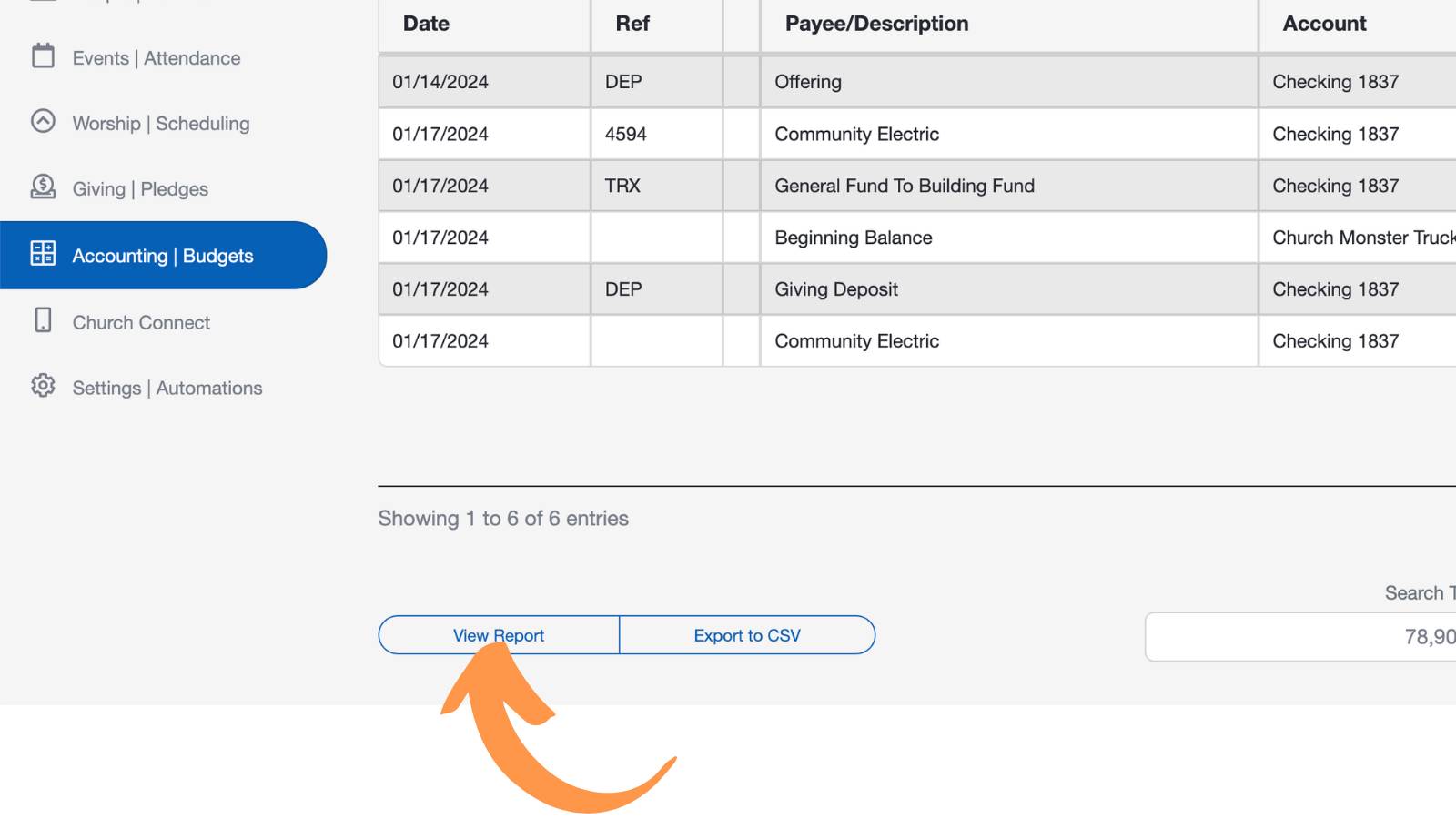 Search your church accounting transactions